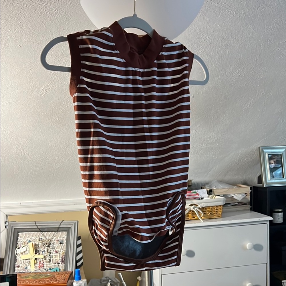 Brown and White Striped surgical suit for doggie